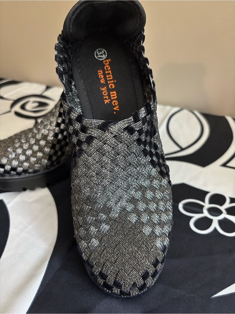 Bernie Mev. Metallic and Black Woven Wedges